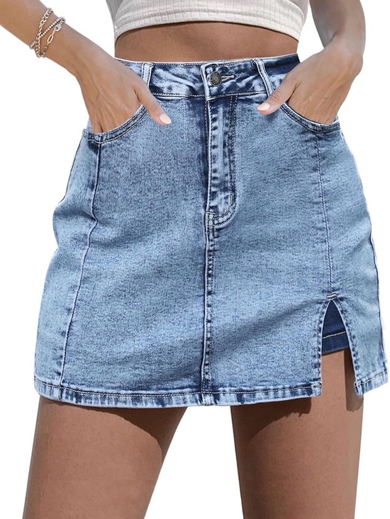 Dresses & Skirts - Denim Mini Skort with Side Slit - Light Blue